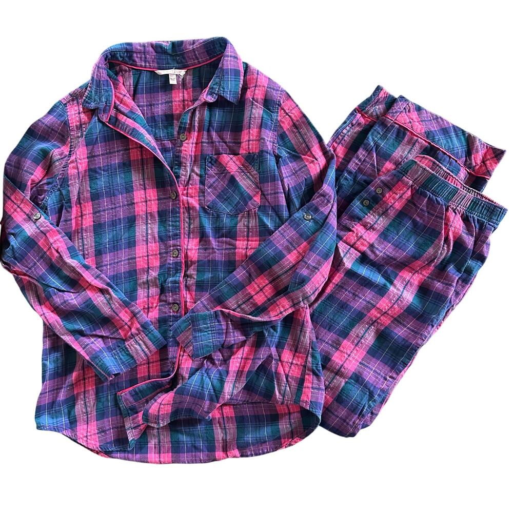 Victoria’s Secret S long pjs pajamas pink plaid flannel button up top pants cozy